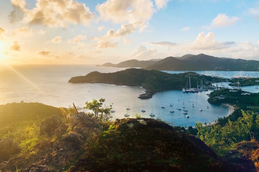 island bay with anchored boats and yachts