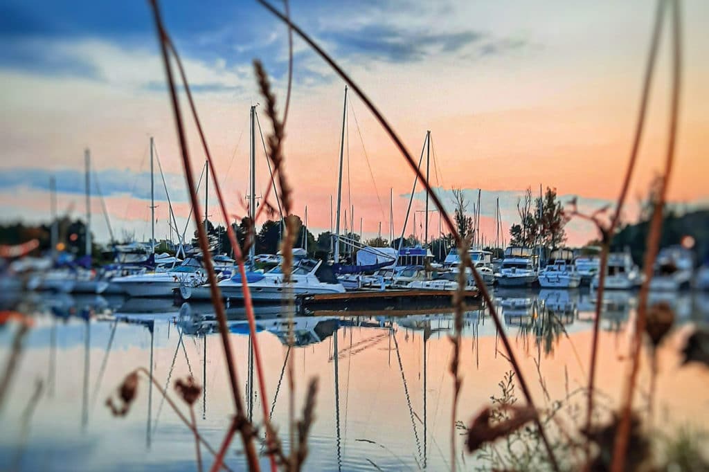 A boat harbor at sunset.