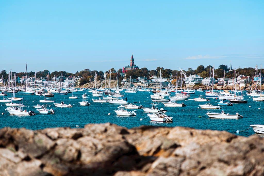 Boats anchored in a bay.