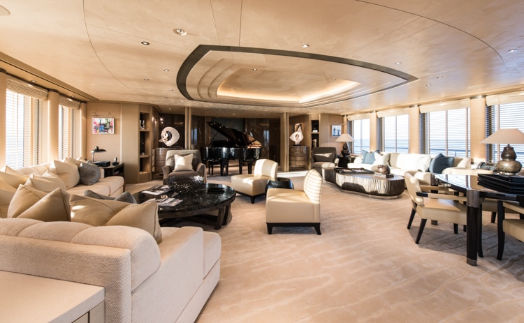 The upper salon aboard 268-foot Abeking & Rasmussen yacht RoMEA