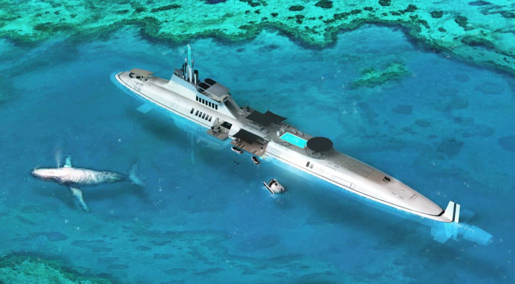 yacht with helipad and submarine