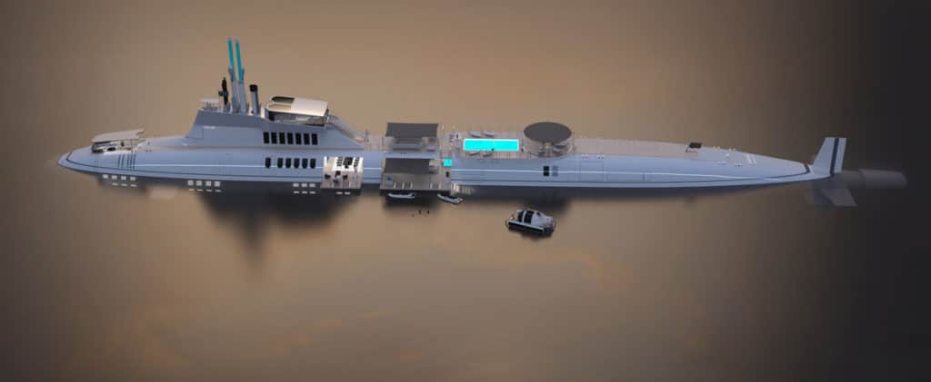 yacht with helipad and submarine