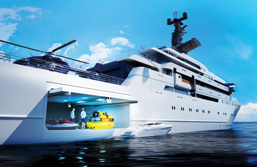 render of a submarine stored in a yacht