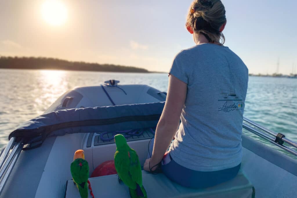 Woman and birds on a yacht