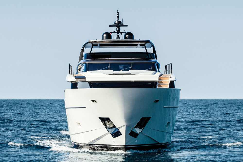 Sanlorenzo SL102 Asymmetric yacht, bow view, developed with Chris Bangle Associates