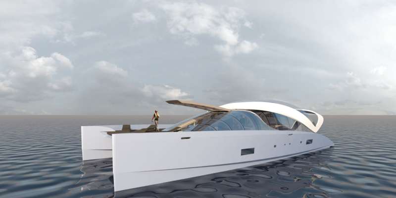 Air 77 powercatamaran The Air 77 powercatamaran has an opening door to the bow, making it possible for people to walk from there straight to the stern without having to maneuver around the salon via side decks.