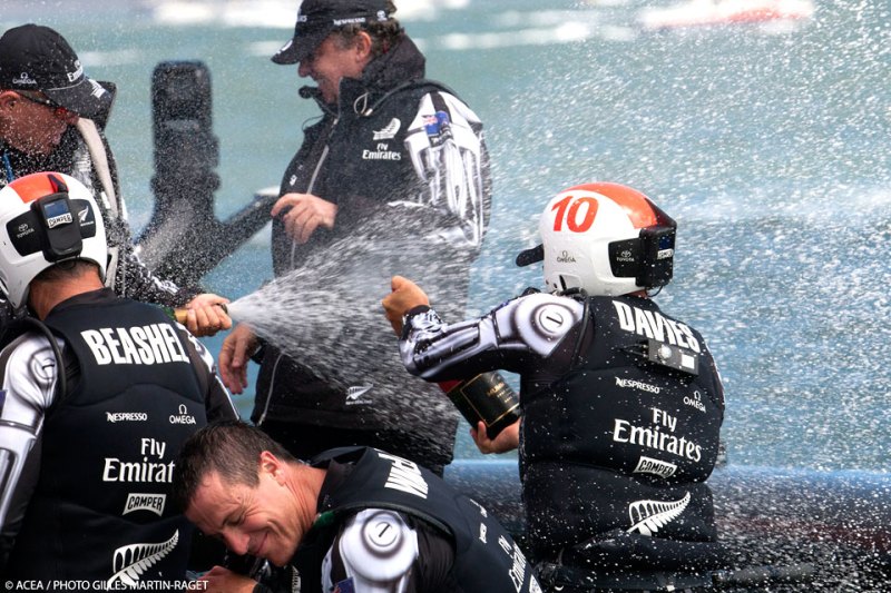 ETNZ celebrates Emirates Team New Zealand celebrates after beating Luna Rossa on Day 7 of the Louis Vuitton Cup Final.