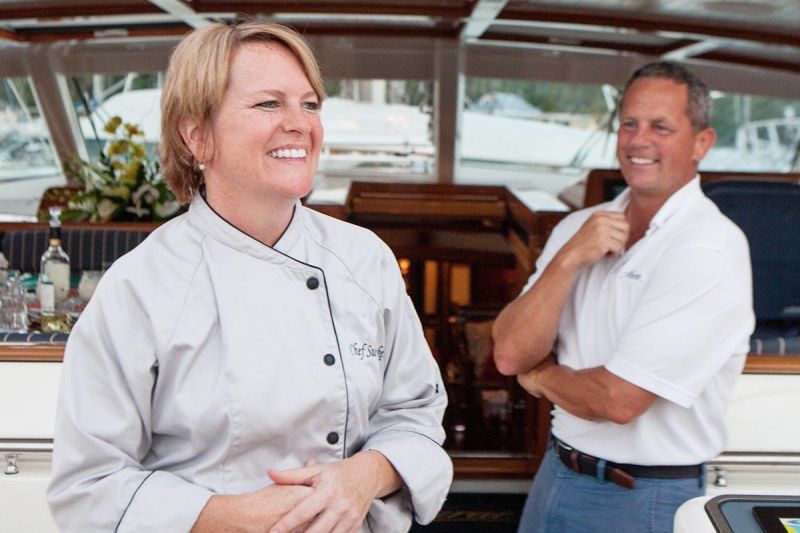 Chef Sue Ficken and Captain Frank Ficken aboard the SY MARAE, a 108' Alloy Yacht built in 2004 at the Antigua Yacht Charter Show.