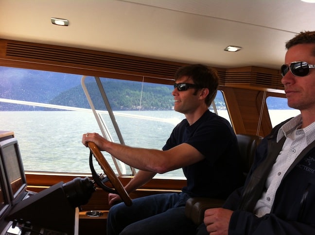 Yachting electronics editor David Schmidt takes some wheel time on the Coastal Craft 560 IPS.