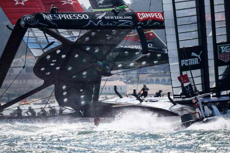 Emirates Team New Zealand narrowly avoids capsizing at the 34th America's Cup.