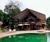 The main building (and dining room) and pool at Hacienda Del Mar on Isla San Jose.