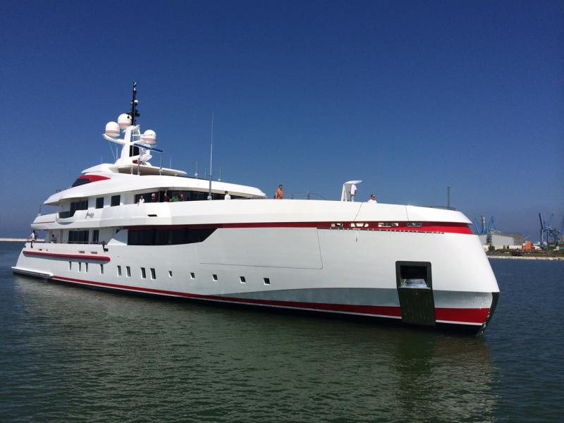 ISA Yachts Forever One Strategically placed paint everywhere from the bow to the superstructure mimics the crimson red boot stripe.