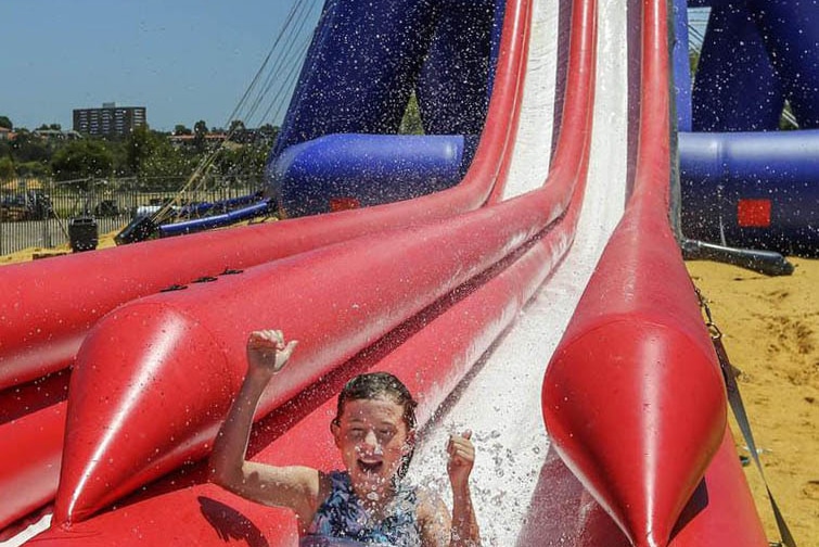 Perth's first pop up water park, Xscape At The City, opens at Belmont Park tomorrow, Wed' and will run until the end of April. Sophie Sherrifs, 10, sampled "The Drop", a 23 metre water slide.PICTURE: NIC ELLIS THE WEST AUSTRALIAN
