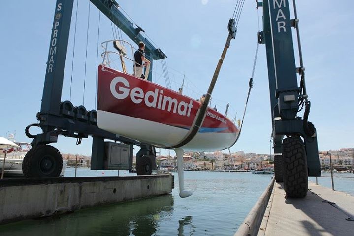 Gedimat is hauled out after making it to shore with the help of fuel from a yacht-transport vessel.