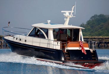 Hunt44Stern The transom of the newly launched Hunt 44 rises to reveal stowage of a 10' rigid inflatable dinghy.