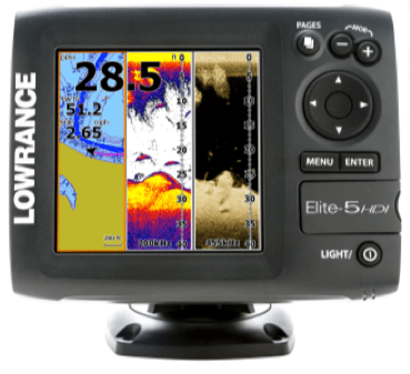 The Lowrance Elite-5 HDI combination fish finder/chart plotter.