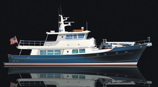 Krogen 77 NO NONSENSE: Designed for serious exploring, the Expedition carries a 17-foot tender on the foredeck.