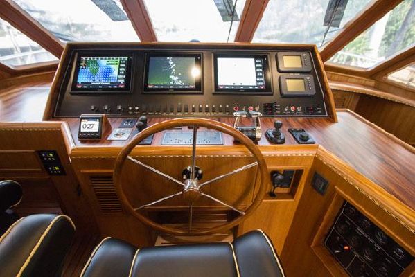 Offshore 62 Many Waters helm The current owner of Many Waters installed a highly upgraded set of electronics at the helm.