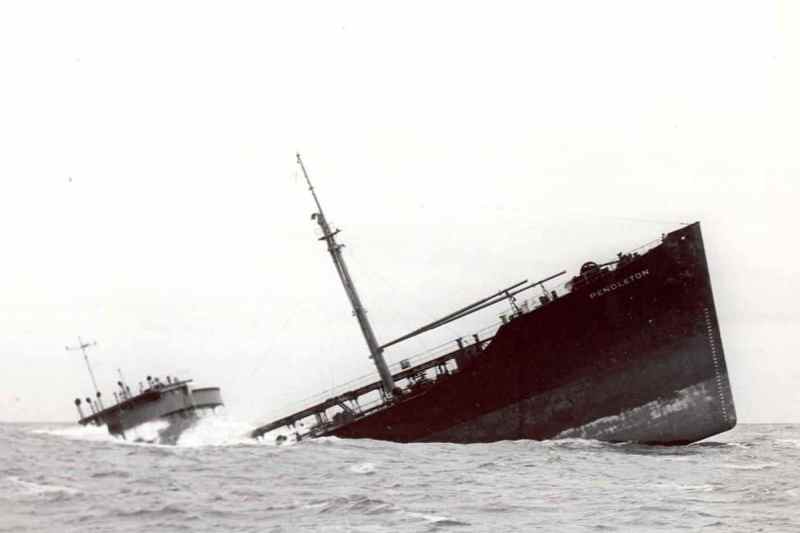 A photo taken by the Coast Guard of the 'SS Pendleton' grounded six miles off Chatham, Mass.