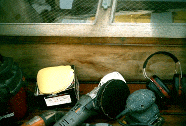 Sanding on a boat Getting all the tools together to get started.