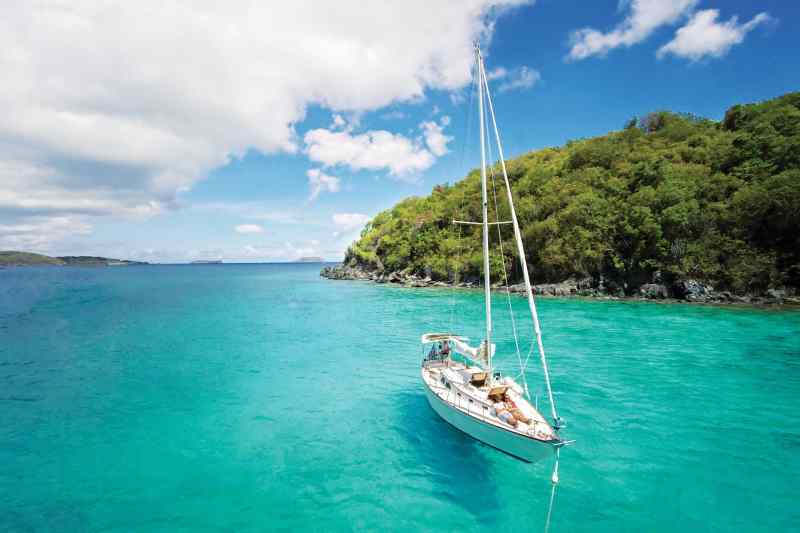aerial view of a sailboat moored in St.John, USVI Sailboat, Sailing, Anchoring, Gear