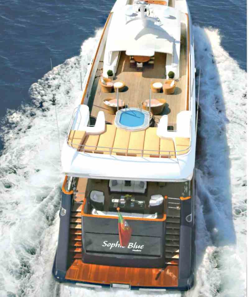 Charter Yacht Sophie Blue The 134-foot charter yacht Sophie Blue post-refit, with a new sundeck hot tub and seating area.
