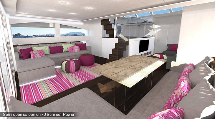 Sunreef 70 powercatamaran semi-open salon This rendering shows the semi-open layout option on a Sunreef 70 powercatamaran.