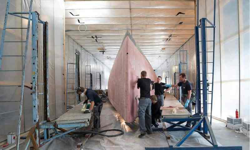 Hull No. 1 of the Swan 115 under construction at the shipyard.