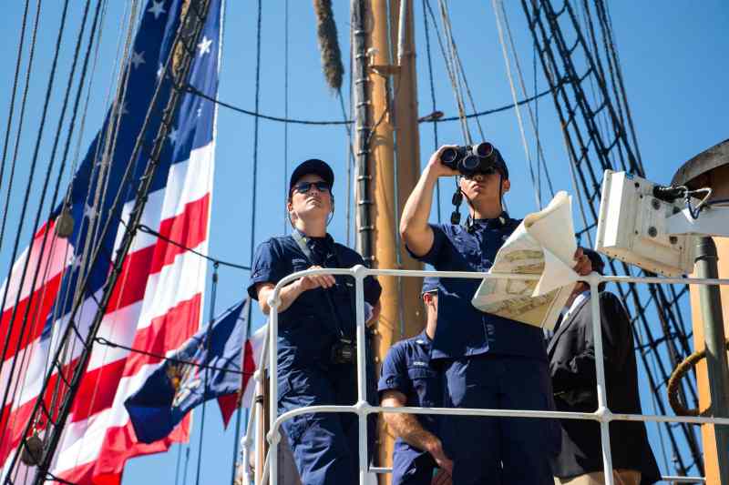 USCG Cutter Eagle in New York Harbor Crew members of the U.S. Coast Guard Cutter Eagle maintain the watch while navigating New York City's inner harbor, July 31, 2015. (U.S. Navy photo by Lt. Matthew Stroup/released)
