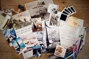 A collage of Captain Bart Miller containing old photos, lure sketches, newspaper clippings and a Black Bart lure taken at his home in Jupiter, Florida.