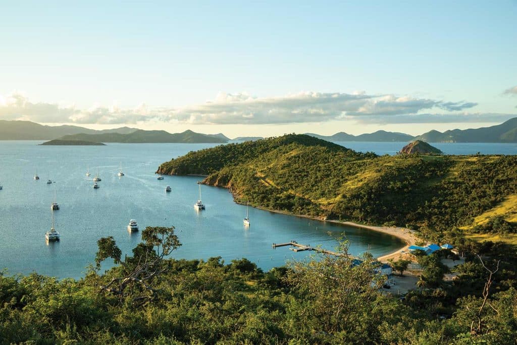 The view from Norman Island overlooking The Bight in the British Virgin Islands