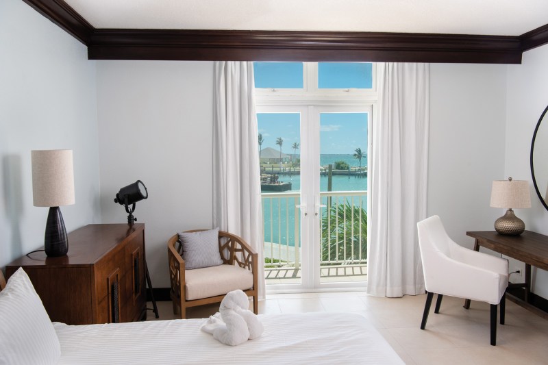 Hotel room interior with sheer curtains